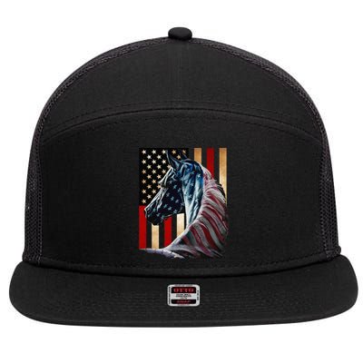 Horse Flag America Horses Face Flags Usa 4th Of July 7 Panel Mesh Trucker Snapback Hat