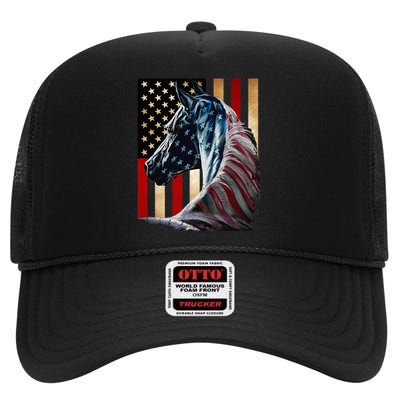 Horse Flag America Horses Face Flags Usa 4th Of July High Crown Mesh Back Trucker Hat