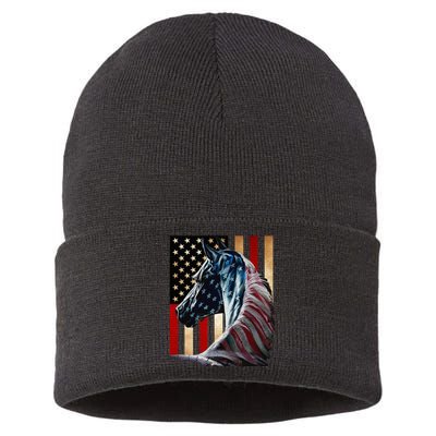 Horse Flag America Horses Face Flags Usa 4th Of July Sustainable Knit Beanie