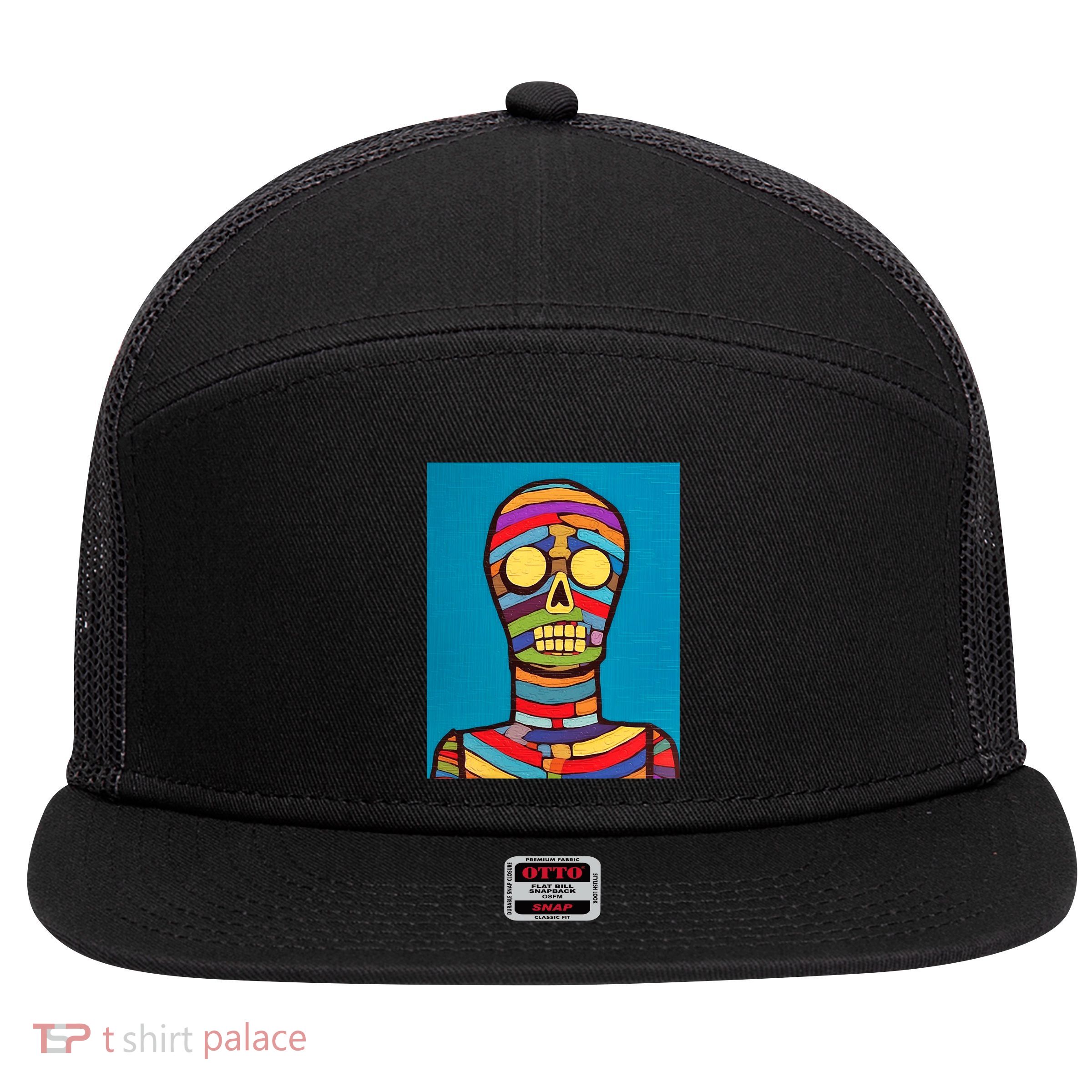 Halloween Folk Art Mummy Design Scary Mummy 7 Panel Mesh Trucker Snapback Hat