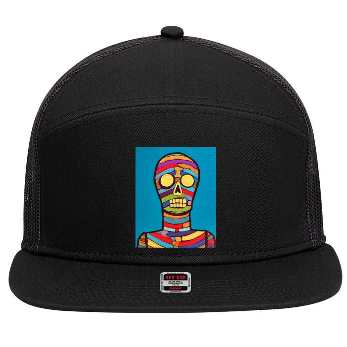 Halloween Folk Art Mummy Design Scary Mummy 7 Panel Mesh Trucker Snapback Hat