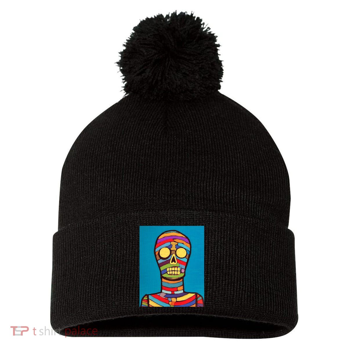 Halloween Folk Art Mummy Design Scary Mummy Pom Pom 12in Knit Beanie