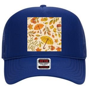 Hello Fall Autumn Season High Crown Mesh Back Trucker Hat