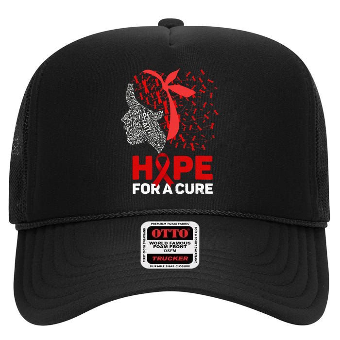 Hope For A Cure Red Ribbon National HIV Awareness Month High Crown Mesh Back Trucker Hat