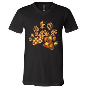 Hello Fall Autumn Leaf Pumpkin Dog Paw Print Puppy Owner V-Neck T-Shirt