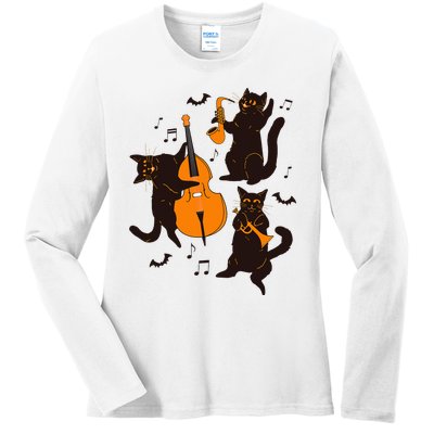 Halloween Funny Band Musical Cats Cello Trumpet Ladies Long Sleeve Shirt