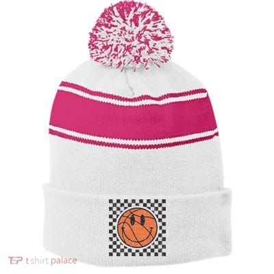 Happy Face Basketball Lover Smile Face Funny Smiling Stripe Pom Pom Beanie