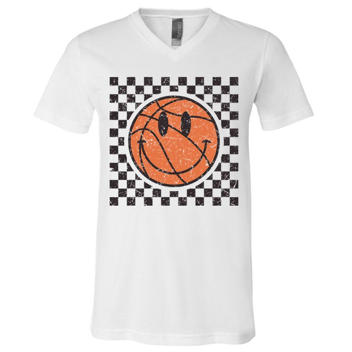 Happy Face Basketball Lover Smile Face Funny Smiling V-Neck T-Shirt