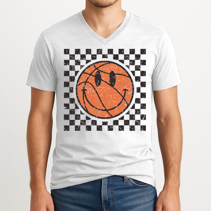 Happy Face Basketball Lover Smile Face Funny Smiling V-Neck T-Shirt