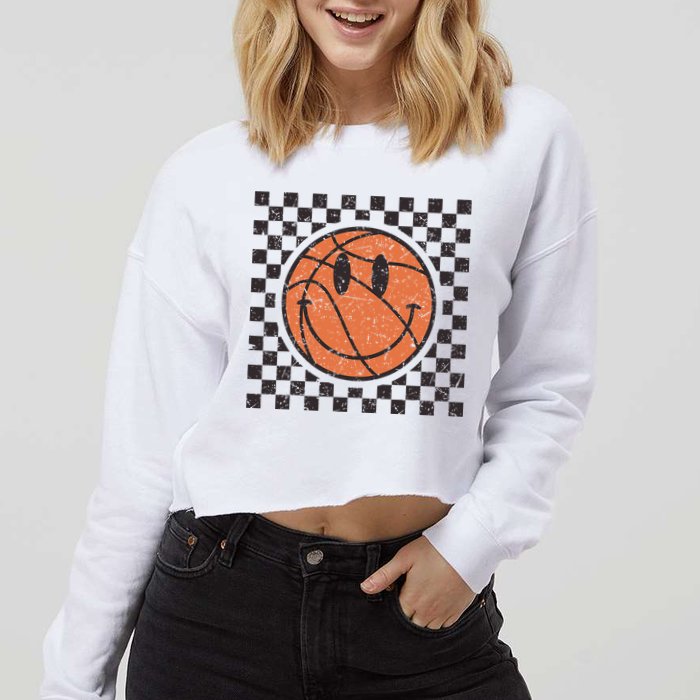 Happy Face Basketball Lover Smile Face Funny Smiling Cropped Pullover Crew