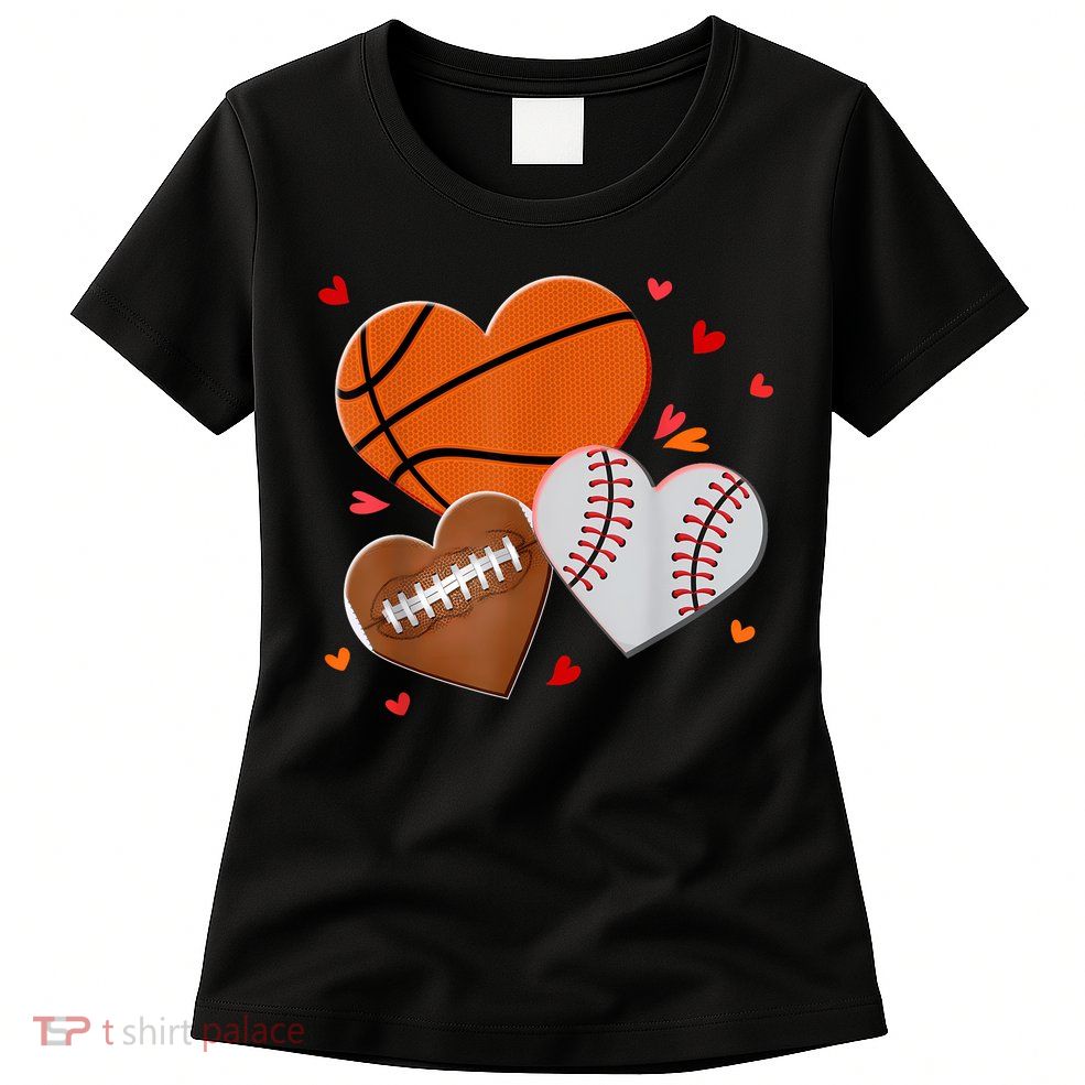 Heart Football Basketball Baseball Valentines Day Boy Womens T-Shirt