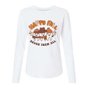 Happy Fall Brush Them All Dentist Teeth Thanksgiving Dental Womens Cotton Relaxed Long Sleeve T-Shirt