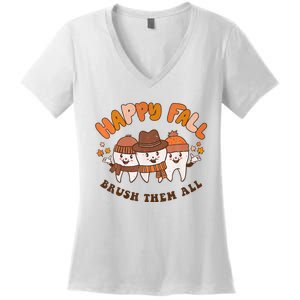 Happy Fall Brush Them All Dentist Teeth Thanksgiving Dental Women's V-Neck T-Shirt