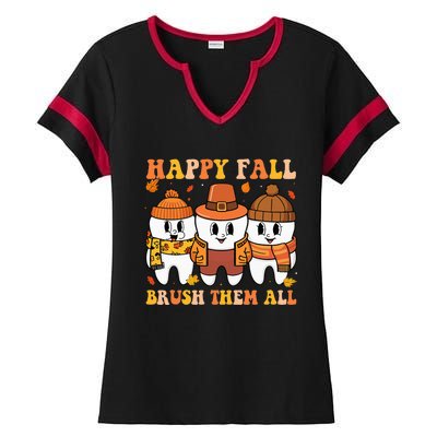 Happy Fall Brush Them All Th Thanksgiving Dental Dentist Ladies Halftime Notch Neck Tee