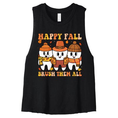 Happy Fall Brush Them All Th Thanksgiving Dental Dentist Women's Racerback Cropped Tank