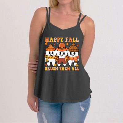 Happy Fall Brush Them All Th Thanksgiving Dental Dentist Women's Strappy Tank