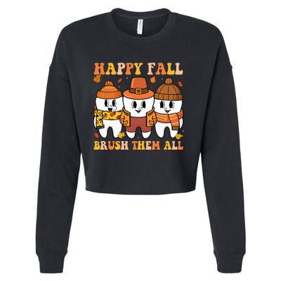 Happy Fall Brush Them All Th Thanksgiving Dental Dentist Cropped Pullover Crew