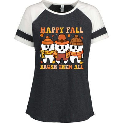 Happy Fall Brush Them All Th Thanksgiving Dental Dentist Enza Ladies Jersey Colorblock Tee