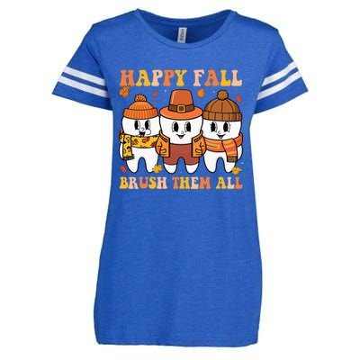 Happy Fall Brush Them All Th Thanksgiving Dental Dentist Enza Ladies Jersey Football T-Shirt