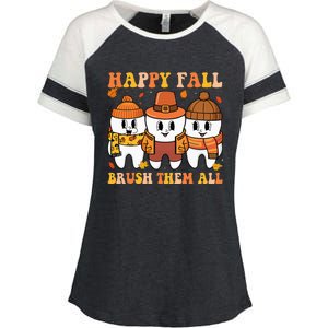 Happy Fall Brush Them All Th Thanksgiving Dental Dentist Enza Ladies Jersey Colorblock Tee