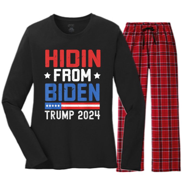 Hidin From Biden Trump 2024 Funny Anti Joe Biden Women's Long Sleeve Flannel Pajama Set 