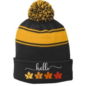 Hello Fall Cozy Nature Stripe Pom Pom Beanie