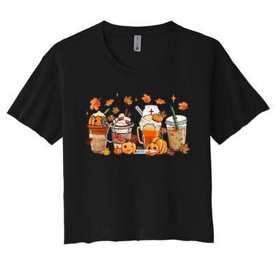 Happy Fall Coffee Latte Cups Stethoscope Nurse Women's Crop Top Tee