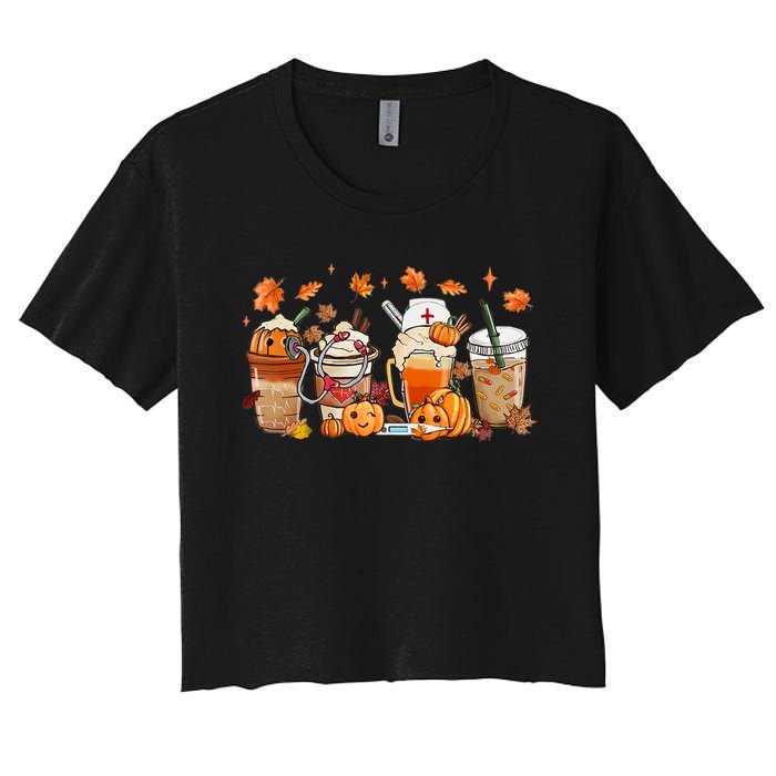 Happy Fall Coffee Latte Cups Stethoscope Nurse Women's Crop Top Tee