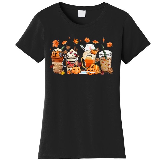 Happy Fall Coffee Latte Cups Stethoscope Nurse Women's T-Shirt