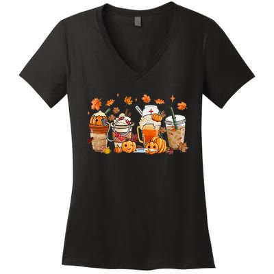 Happy Fall Coffee Latte Cups Stethoscope Nurse Women's V-Neck T-Shirt