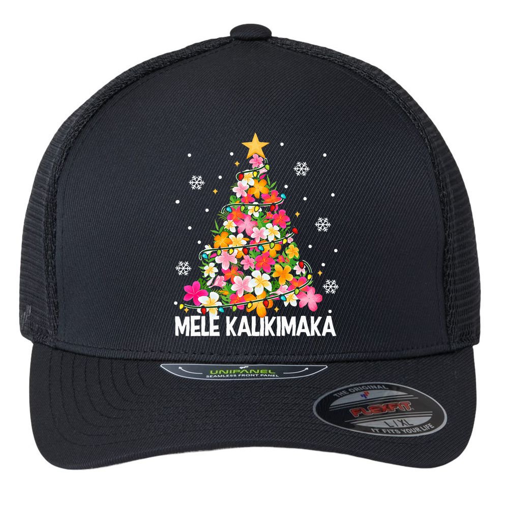Hawaiian Floral Christmas Tree Mele Kalikimaka Tropical Xmas Flexfit Unipanel Trucker Cap