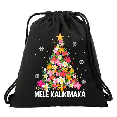 Hawaiian Floral Christmas Tree Mele Kalikimaka Tropical Xmas Drawstring Bag
