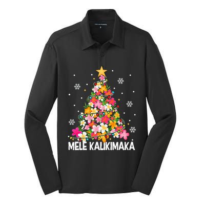 Hawaiian Floral Christmas Tree Mele Kalikimaka Tropical Xmas Silk Touch Performance Long Sleeve Polo