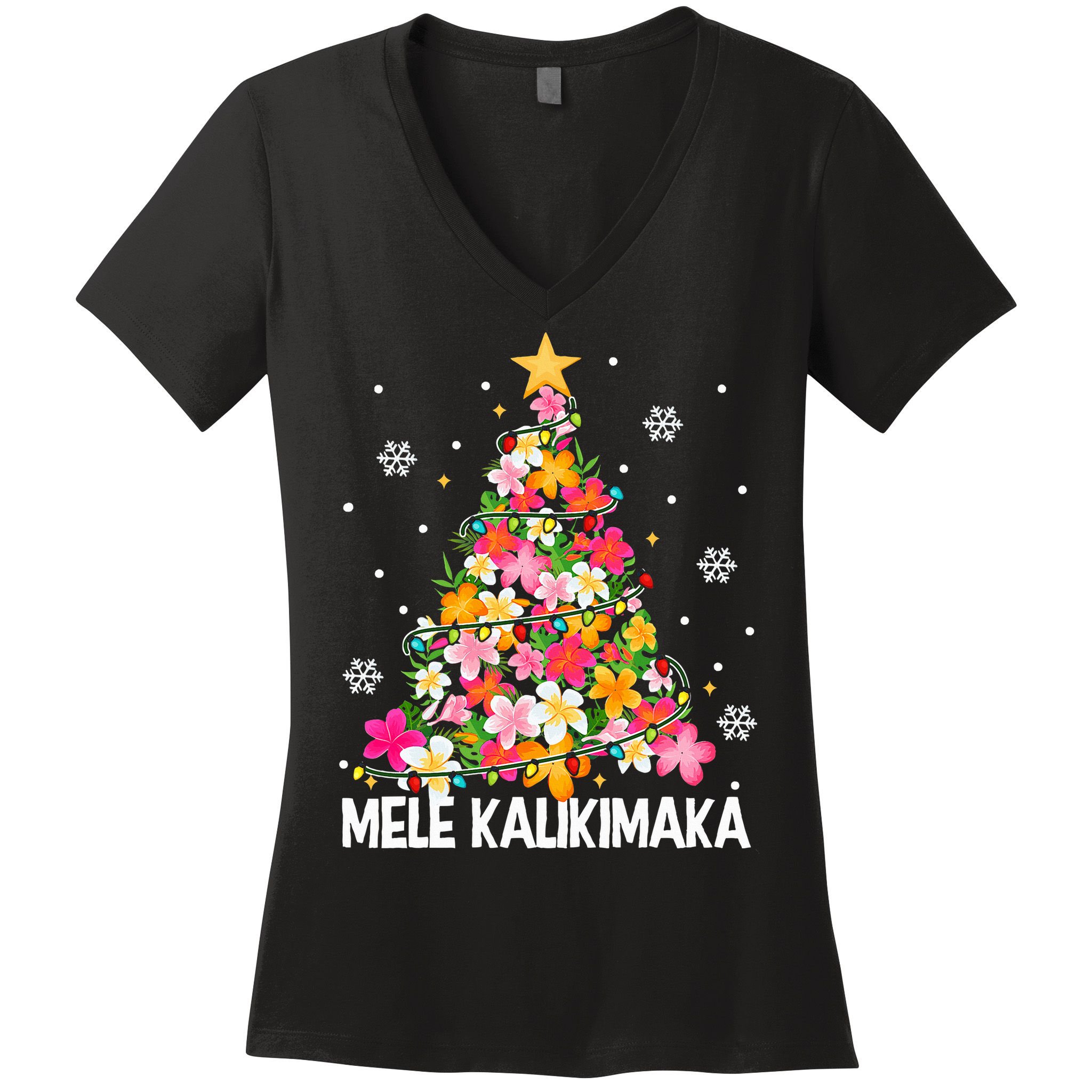 Hawaiian Floral Christmas Tree Mele Kalikimaka Tropical Xmas Women's V-Neck T-Shirt