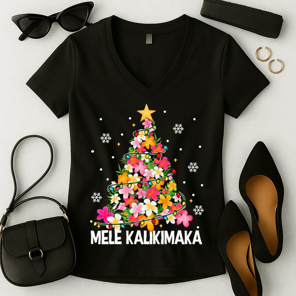 Hawaiian Floral Christmas Tree Mele Kalikimaka Tropical Xmas Women's V-Neck T-Shirt