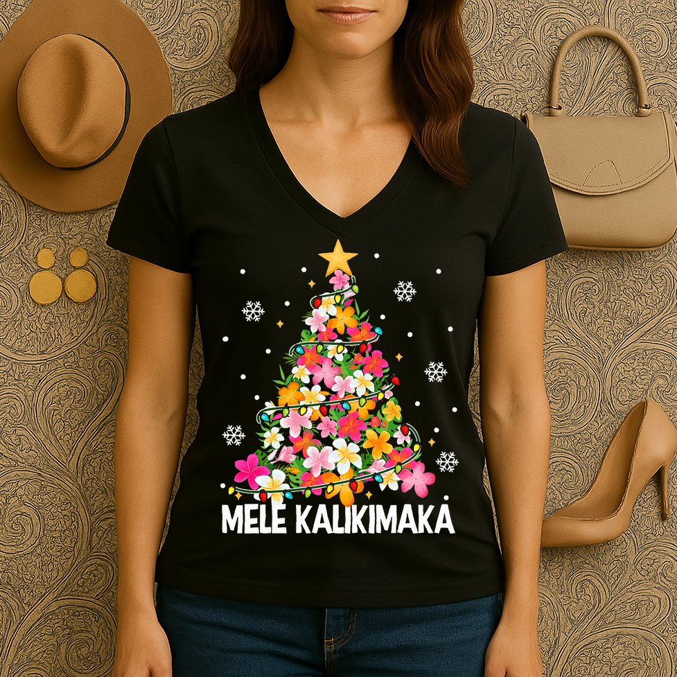 Hawaiian Floral Christmas Tree Mele Kalikimaka Tropical Xmas Women's V-Neck T-Shirt