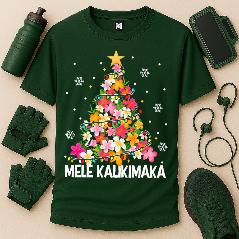 Hawaiian Floral Christmas Tree Mele Kalikimaka Tropical Xmas Cooling Performance Crew T-Shirt