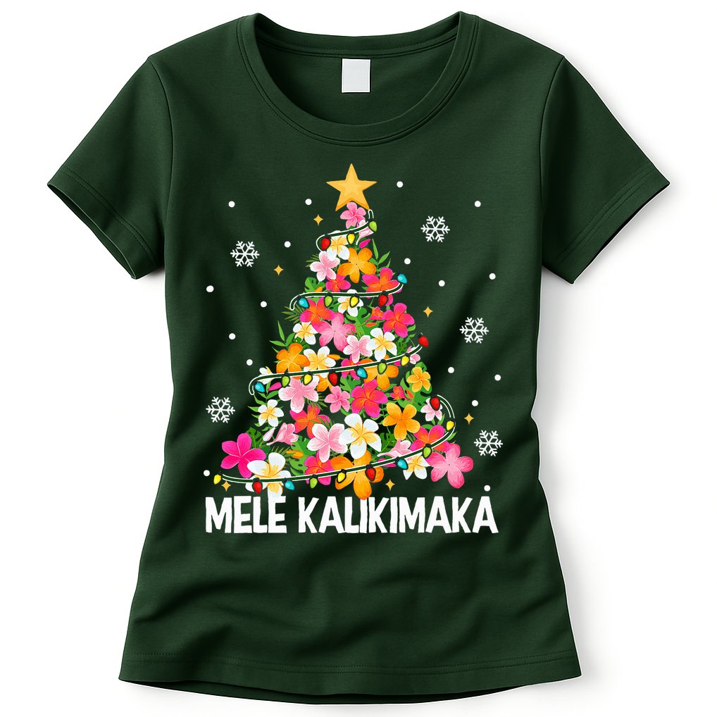 Hawaiian Floral Christmas Tree Mele Kalikimaka Tropical Xmas Womens T-Shirt