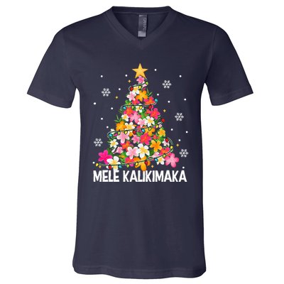 Hawaiian Floral Christmas Tree Mele Kalikimaka Tropical Xmas V-Neck T-Shirt