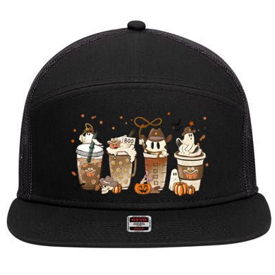 Horror Fall Coffee Latte Pumpkin Spice Iced Halloween Outfit Gift 7 Panel Mesh Trucker Snapback Hat