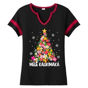 Hawaiian Floral Christmas Tree Mele Kalikimaka Tropical Xmas Ladies Halftime Notch Neck Tee