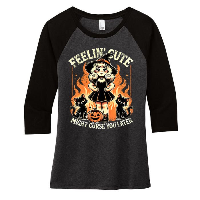 Halloween Feelin Cute Might Curse You Later Women's Tri-Blend 3/4-Sleeve Raglan Shirt