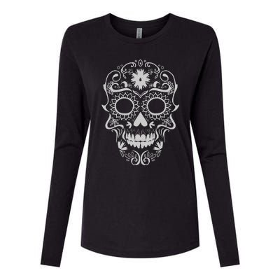 Head Floral Cool White Calavera Mexican Womens Cotton Relaxed Long Sleeve T-Shirt