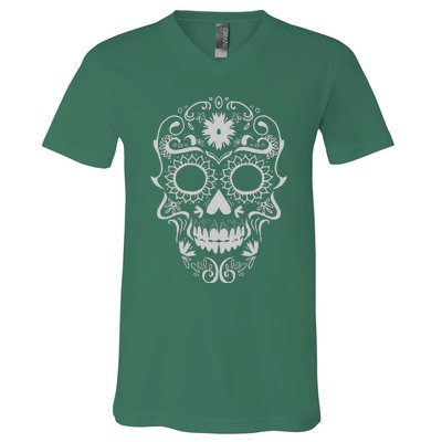 Head Floral Cool White Calavera Mexican V-Neck T-Shirt