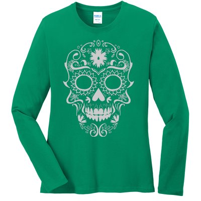 Head Floral Cool White Calavera Mexican Ladies Long Sleeve Shirt