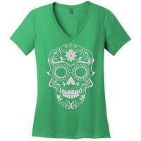 Head Floral Cool White Calavera Mexican Women's V-Neck T-Shirt