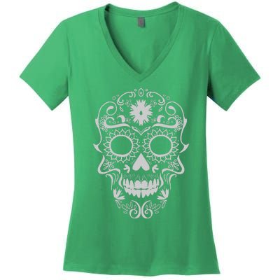 Head Floral Cool White Calavera Mexican Women's V-Neck T-Shirt