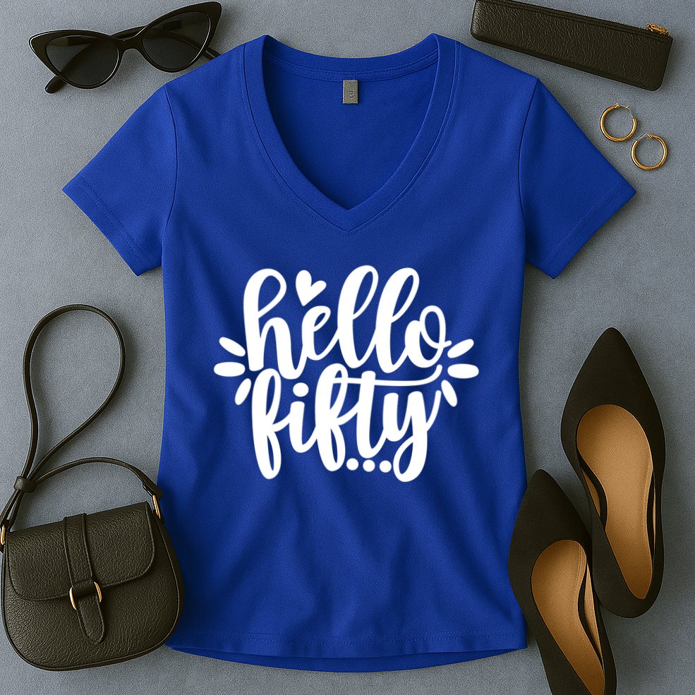 Hello Fifty Cute Hello Fifty Squad 50th Birthday Cute Gift Women's V-Neck T-Shirt