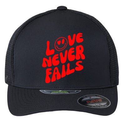 Happy Face Christian Hearts Love Never Fails Valentines Day Gift Flexfit Unipanel Trucker Cap