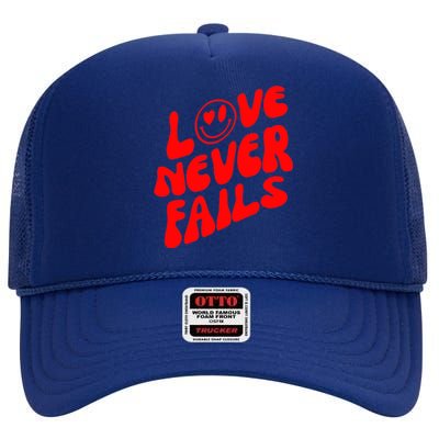 Happy Face Christian Hearts Love Never Fails Valentines Day Gift High Crown Mesh Back Trucker Hat